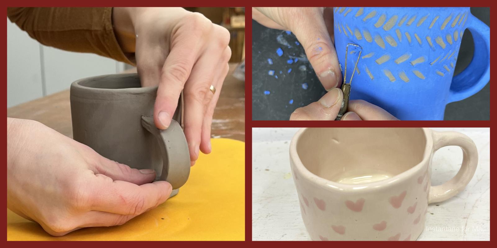 Three pictures of clay mugs