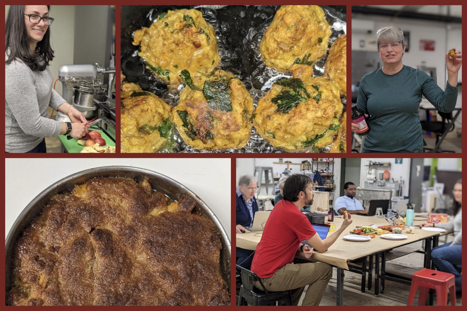  The collage displays a group meal in a community kitchen setting, with images of people preparing and enjoying food together, including shots of vegetable fritters being fried and a baked cinnamon dessert. The environment suggests a warm, communal gathering in a makerspace.