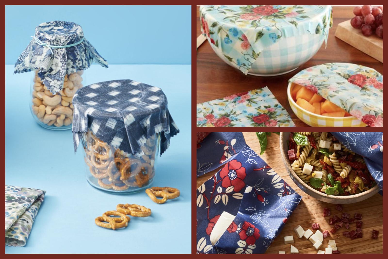 This is a collage of three images showing various food items covered with fabric bowl covers. The first shows a glass jar of cashews and pretzels with a blue and white checked cover; the second, a bowl of fruit and a bowl of chips with floral-patterned covers; and the third, a bowl of pasta salad with a red and blue floral cover.