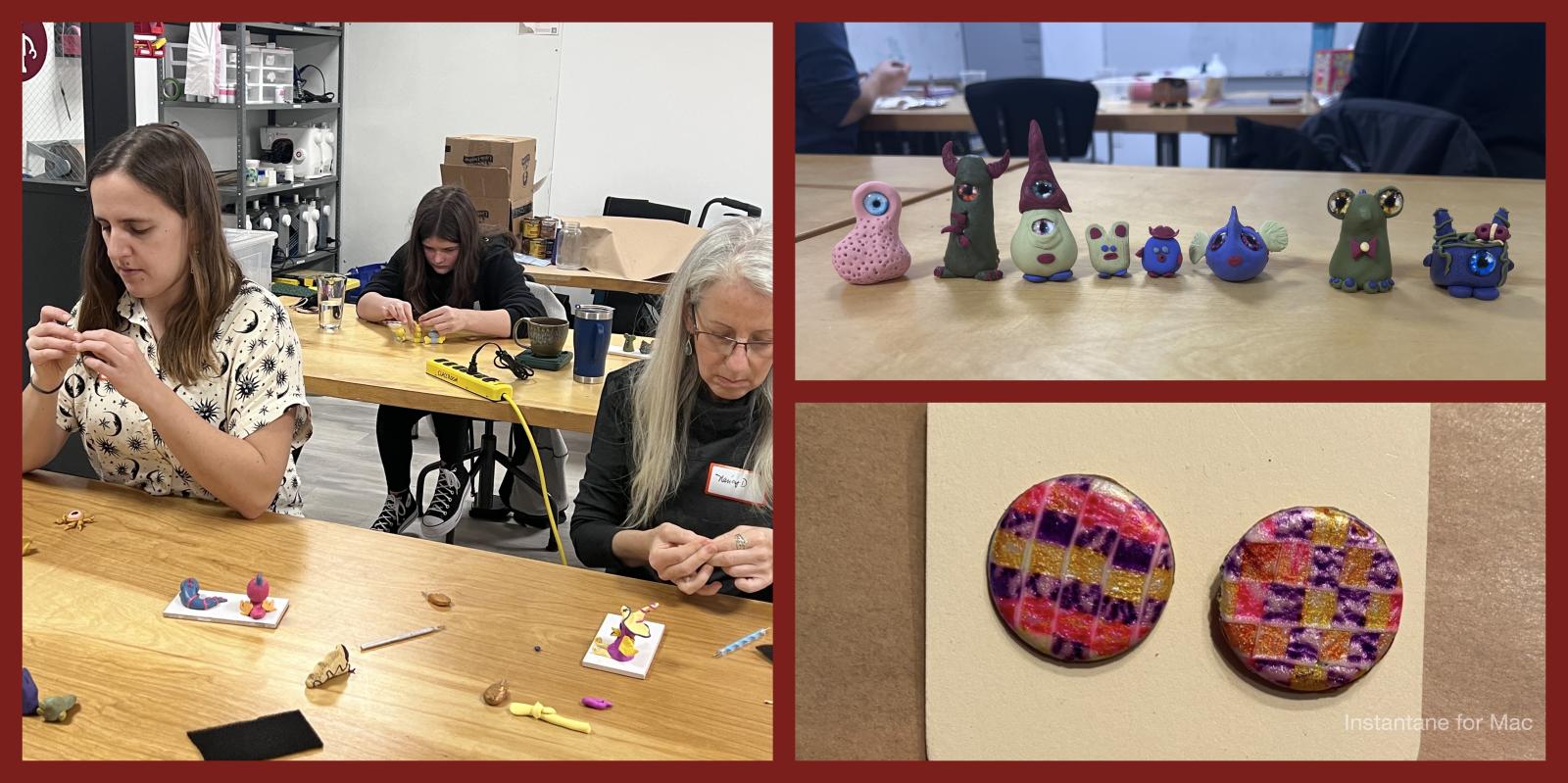 This collage depicts three different scenes from a polymer clay crafting session. In the first two images, individuals of various ages are focused on molding and shaping colorful polymer clay at a workshop table, while the third image showcases a collection of whimsically shaped and vividly colored clay creatures lined up, alongside two large, patterned clay discs.