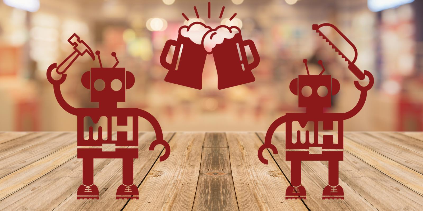 Two red robot swith MH logos holding up woodworking tools (a hammer and a saw)