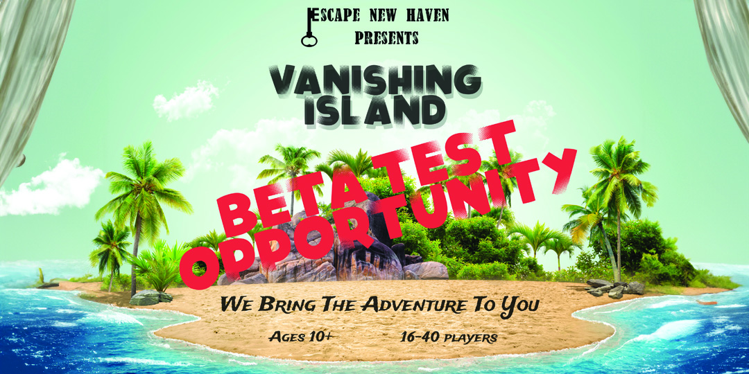 Image of a deserted island, with the Escape New Haven logo superimposed.