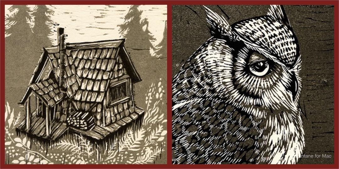 Two images of woodblock cuttings, one cabin one owl