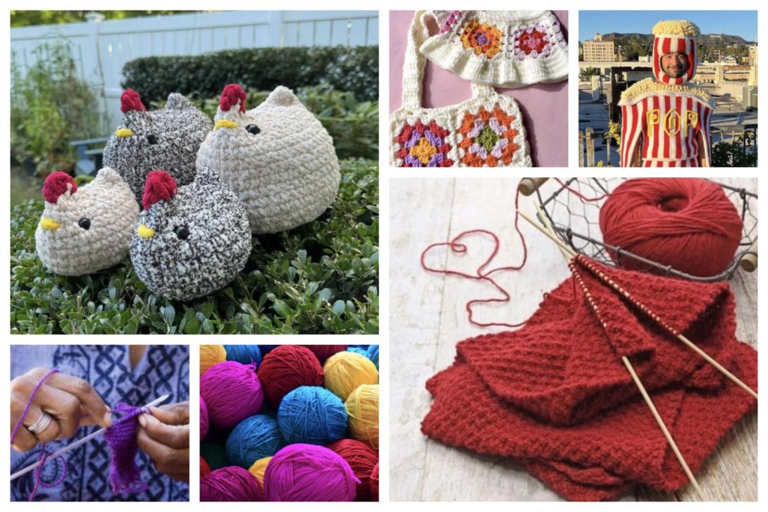 This collage presents a cheerful display of knitting and crocheting projects. It includes whimsical knitted chickens, a crocheted bag with colorful patterns, a person wearing a quirky popcorn-themed knitted outfit, close-ups of knitting needles at work on a red piece, hands skillfully crocheting, and an array of vibrantly colored yarn balls.