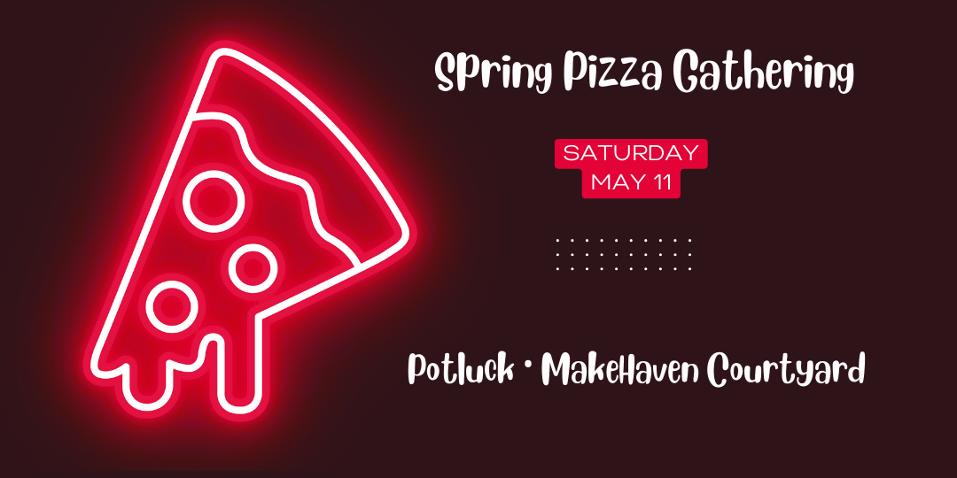 Image of a neon piece of pizza with the event name. 