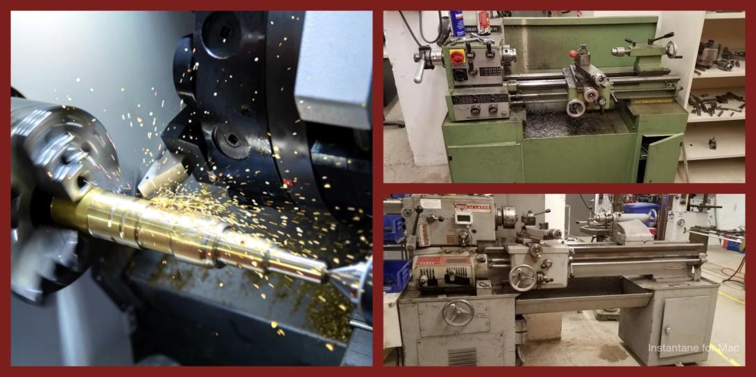 2 images of the metal lathes at MakeHaven, 1 image of sparks flying from a running lathe project