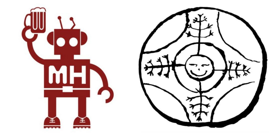 The image is a split graphic with two distinct logos: on the left is a stylized red robot raising a glass as if giving a toast, with the letters "MH" incorporated into its design, and on the right is a black and white sketch of a cross-section of a tree trunk with rings, a smiley face at the center, and branches extending outward. Both images are simple in design, with the robot appearing more modern and the tree section evoking a natural and more organic feel.