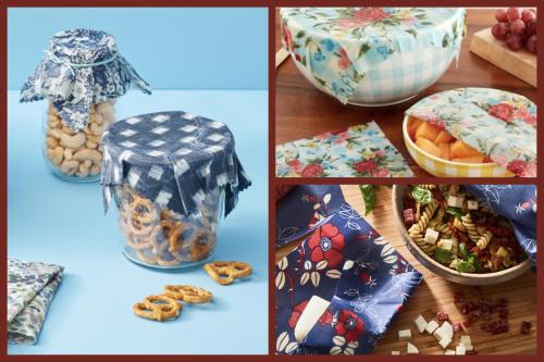 The collage shows reusable fabric covers being used as alternatives to plastic wrap for various food containers. One image displays jars of snacks covered with checkered and floral fabric tops, another presents a bowl of fruit with a similarly patterned cover, and the final image features a salad bowl wrapped in a blue fabric cover with red accents, all set against vibrant backgrounds.