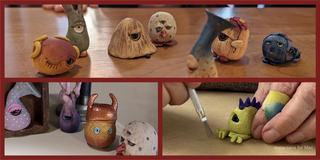 3 images of polymer clay creatures made in this workshop