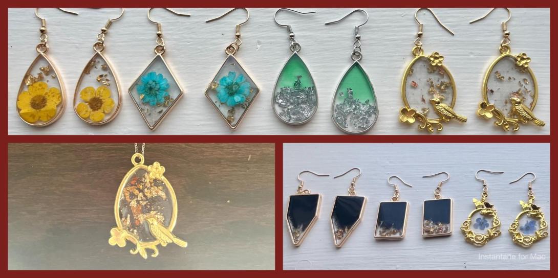 3 images of earrings made with resin
